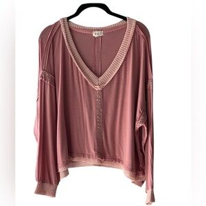 POL Pink V-Neck Long Sleeve Waffle Knit Soft Boho Women's Top Size MD EUC